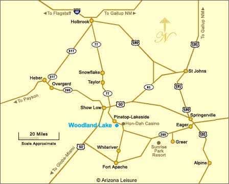 Map showing Woodland Lake in Pinetop-Lakeside and surrounding White Mountains roads