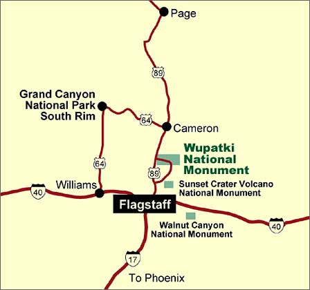 Map showing Wupatki National Monument and roads from Flagstaff Arizona