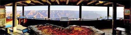 Panoramic Grand Canyon view through the windows of Yavapai Geology Museum